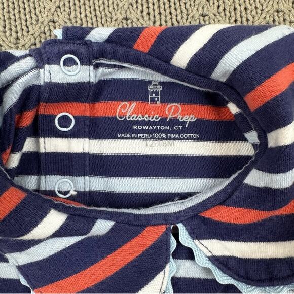 Classic Prep Striped Navy and Red Baby Onesie with Peter Pan Collar - 12/18M - Picture 7 of 13